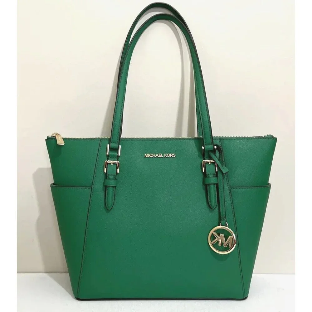 New Michael Kors Charlotte Large Shoulder Tote Saffiano Leather Palmetto Green